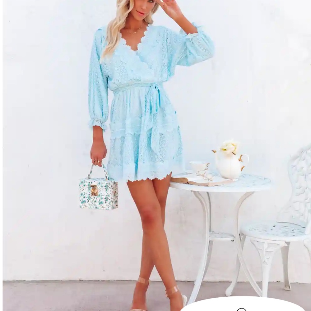 Vici Light Blue Lace Wrap Mini Dress